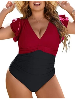 Women's Tummy Control Swimsuit One Piece Full Coverage Plus Size Bathing Suit Retro Ruffle Swimwear