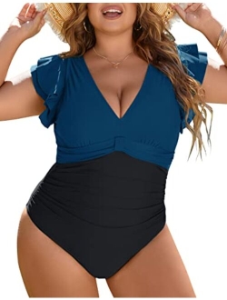 Women's Tummy Control Swimsuit One Piece Full Coverage Plus Size Bathing Suit Retro Ruffle Swimwear