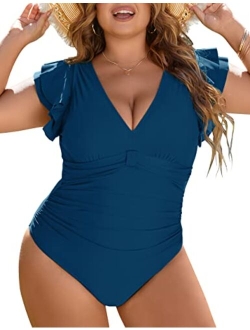 Women's Tummy Control Swimsuit One Piece Full Coverage Plus Size Bathing Suit Retro Ruffle Swimwear