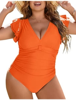 Women's Tummy Control Swimsuit One Piece Full Coverage Plus Size Bathing Suit Retro Ruffle Swimwear