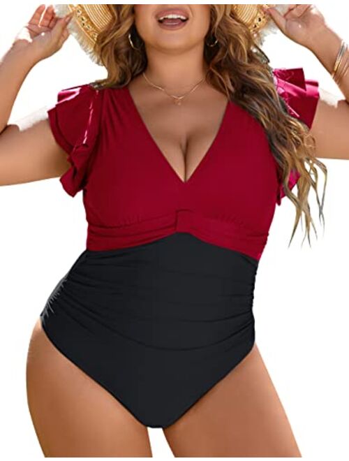 Blooming Jelly Women's Tummy Control Swimsuit One Piece Full Coverage Plus Size Bathing Suit Retro Ruffle Swimwear