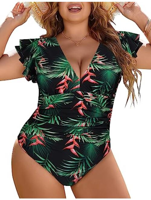 Blooming Jelly Women's Tummy Control Swimsuit One Piece Full Coverage Plus Size Bathing Suit Retro Ruffle Swimwear