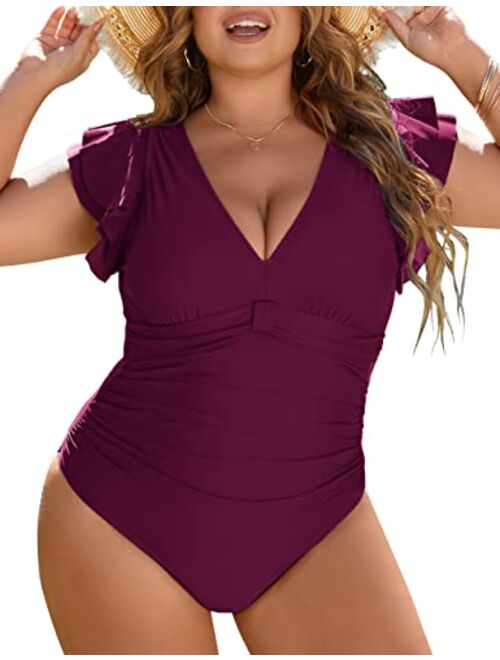 Blooming Jelly Women's Tummy Control Swimsuit One Piece Full Coverage Plus Size Bathing Suit Retro Ruffle Swimwear