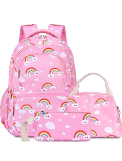 Unineovo Backpack for Girls, Girls Rainbow Clouds Backpack, Rainbow Schoolbag for Girls,Girls Lightweight School Bookbag with Lunch Box Pencil Case,Nylon Shoulder School 