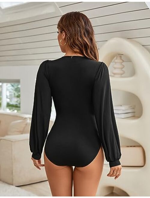 Blooming Jelly Womens One Piece Long Sleeve Bodysuits Tops Built in Bra Sexy V Neck Shirts Fall Outfits 2023