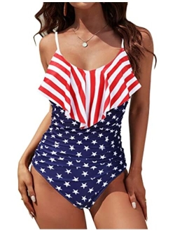 Womens One Piece Bathing Suit Tummy Control Swimwear Slimming Ruffle Vintage Swimsuits