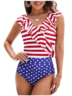 Women's Tummy Control Swimsuits Slimming Cute One Piece Bathing Suit Ruffle V Neck Swimwear