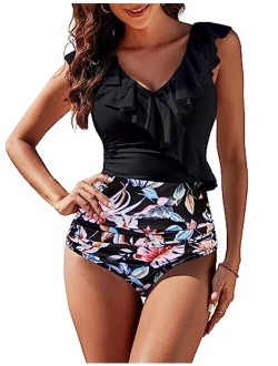 Women's Tummy Control Swimsuits Slimming Cute One Piece Bathing Suit Ruffle V Neck Swimwear