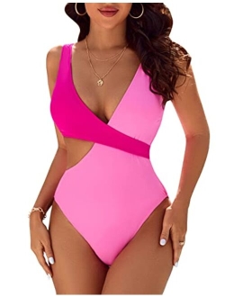 Womens One Piece Cutout Swimsuits Sexy High Cut Bathing Suits Cheeky Color Block Monokini