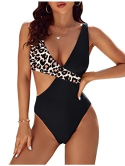 Womens One Piece Cutout Swimsuits Sexy High Cut Bathing Suits Cheeky Color Block Monokini