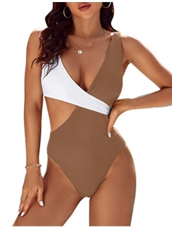 Womens One Piece Cutout Swimsuits Sexy High Cut Bathing Suits Cheeky Color Block Monokini