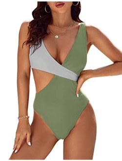 Womens One Piece Cutout Swimsuits Sexy High Cut Bathing Suits Cheeky Color Block Monokini