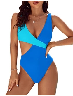 Womens One Piece Cutout Swimsuits Sexy High Cut Bathing Suits Cheeky Color Block Monokini