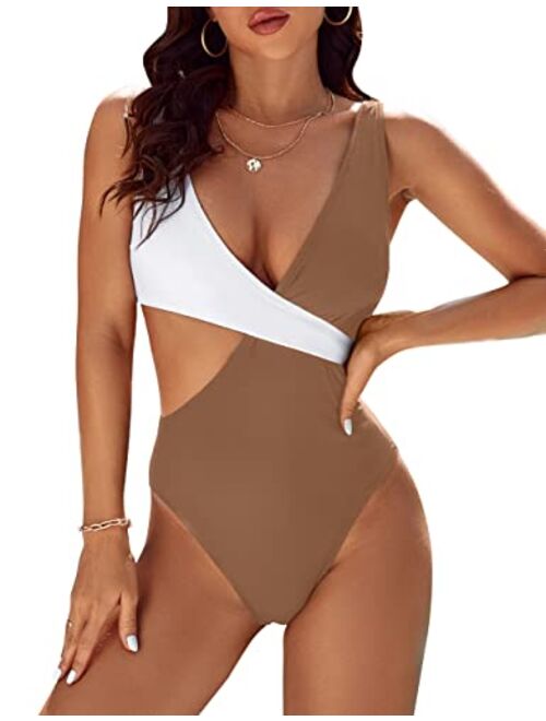 Blooming Jelly Womens One Piece Cutout Swimsuits Sexy High Cut Bathing Suits Cheeky Color Block Monokini