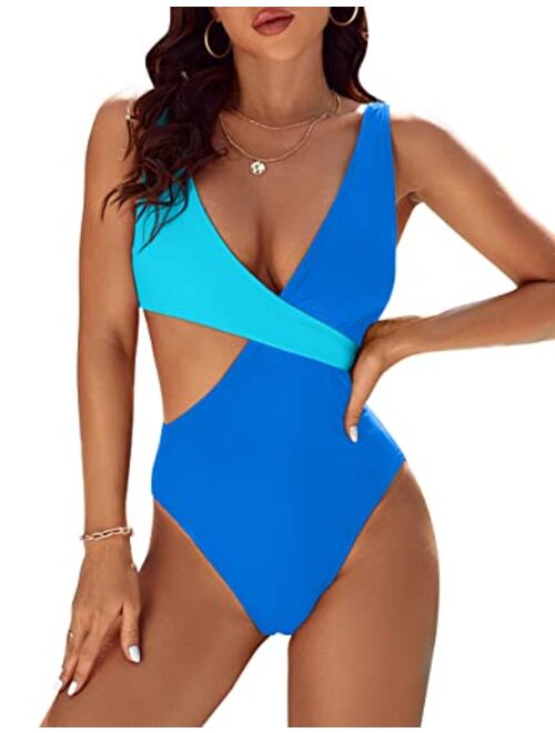 Blooming Jelly Womens One Piece Cutout Swimsuits Sexy High Cut Bathing Suits Cheeky Color Block Monokini