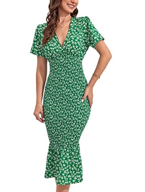 Fekermia Women's Summer Floral Midi Bodycon Dresses Short Sleeve V Neck Ruffle Hem Mermaid Cocktail Dress