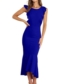 Womens Elegant Sleeveless Cocktail Dress Ruffle Mermaid Wedding Guest Midi Formal Dresses