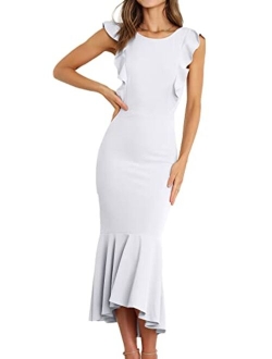 Womens Elegant Sleeveless Cocktail Dress Ruffle Mermaid Wedding Guest Midi Formal Dresses