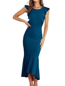 Womens Elegant Sleeveless Cocktail Dress Ruffle Mermaid Wedding Guest Midi Formal Dresses