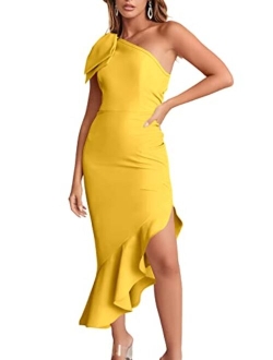 Women's One Shoulder Formal Midi Dresses Sleeveless Bodycon Mermaid Ruffle Cocktail Wedding Guest Dress