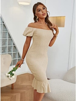 Women's Smocked Bodycon Off Shoulder Puff Short Sleeve Mermaid Dress Ruffle Shirred Party Cocktail Pencil Midi Dress