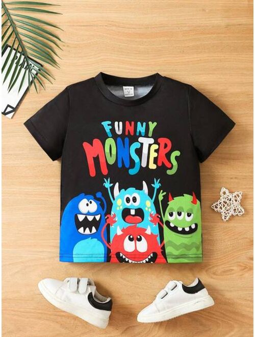 SHEIN Kids QTFun Toddler Boys Cartoon Letter Graphic Tee