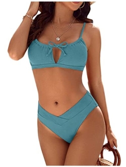 Womens High Waisted Bikini Sets High Cut Sexy Swimsuit Ribbed Cutout Cheeky Two Piece Bathing Suits