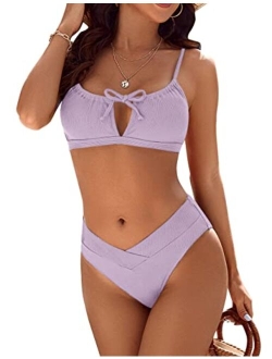 Womens High Waisted Bikini Sets High Cut Sexy Swimsuit Ribbed Cutout Cheeky Two Piece Bathing Suits