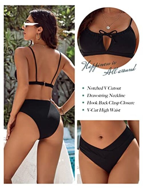 Blooming Jelly Womens High Waisted Bikini Sets High Cut Sexy Swimsuit Ribbed Cutout Cheeky Two Piece Bathing Suits