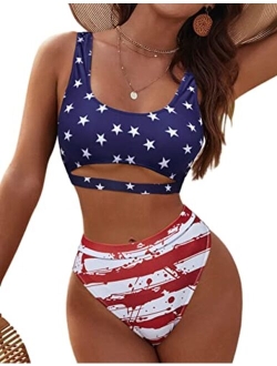 Women's High Waisted Bikini Sets High Cut Bathing Suits Two Piece Sporty Cut Out Swimsuits