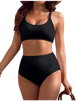 Women's High Waisted Bikini Crop Top Two Piece Bathing Suits Full Coverage Swimsuits Athletic Swimwear