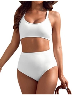 Women's High Waisted Bikini Crop Top Two Piece Bathing Suits Full Coverage Swimsuits Athletic Swimwear