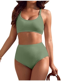 Women's High Waisted Bikini Crop Top Two Piece Bathing Suits Full Coverage Swimsuits Athletic Swimwear