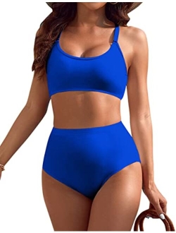 Women's High Waisted Bikini Crop Top Two Piece Bathing Suits Full Coverage Swimsuits Athletic Swimwear