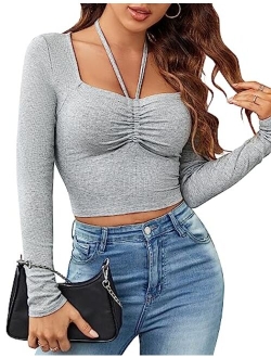 Womens Going Out Tops Long Sleeve Crop Tops Ribbed Knit Cute Sexy Y2k T Shirt