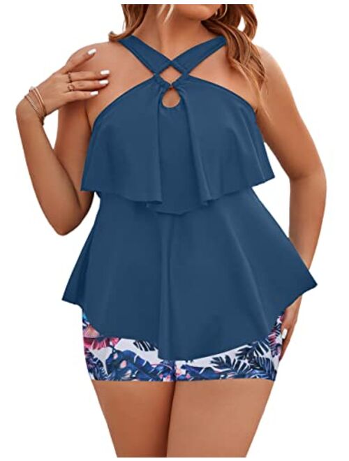 Blooming Jelly Womens Plus Size Tankini Swimsuits Two Piece Bathing Suits Tummy Control Flounce with Shorts