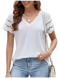 Womens Summer Tops Casual V Neck Cute Tops Loose Fit Hollow Out Lace Short Sleeve Soft Spring Shirts