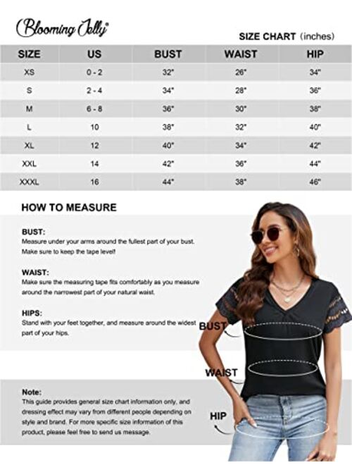 Blooming Jelly Womens Summer Tops Casual V Neck Cute Tops Loose Fit Hollow Out Lace Short Sleeve Soft Spring Shirts