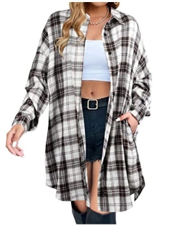 Women's Button Down Flannel Shirts Plaid Shacket Long Sleeve Collared Long Jacket Coats