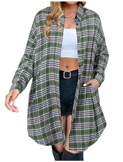 Women's Button Down Flannel Shirts Plaid Shacket Long Sleeve Collared Long Jacket Coats