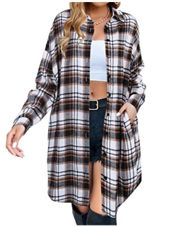 Women's Button Down Flannel Shirts Plaid Shacket Long Sleeve Collared Long Jacket Coats