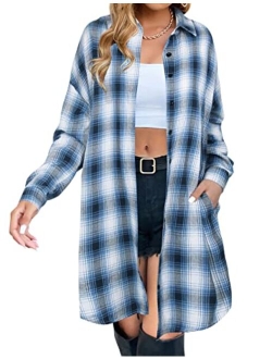 Women's Button Down Flannel Shirts Plaid Shacket Long Sleeve Collared Long Jacket Coats