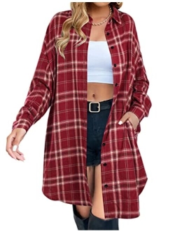 Women's Button Down Flannel Shirts Plaid Shacket Long Sleeve Collared Long Jacket Coats