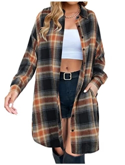 Women's Button Down Flannel Shirts Plaid Shacket Long Sleeve Collared Long Jacket Coats