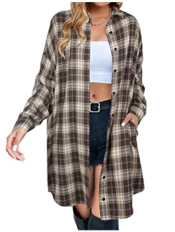 Women's Button Down Flannel Shirts Plaid Shacket Long Sleeve Collared Long Jacket Coats