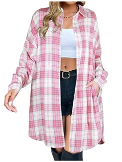 Women's Button Down Flannel Shirts Plaid Shacket Long Sleeve Collared Long Jacket Coats