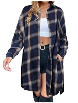 Women's Button Down Flannel Shirts Plaid Shacket Long Sleeve Collared Long Jacket Coats