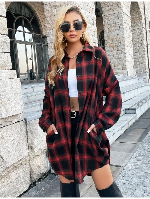 Blooming Jelly Women's Button Down Flannel Shirts Plaid Shacket Long Sleeve Collared Long Jacket Coats