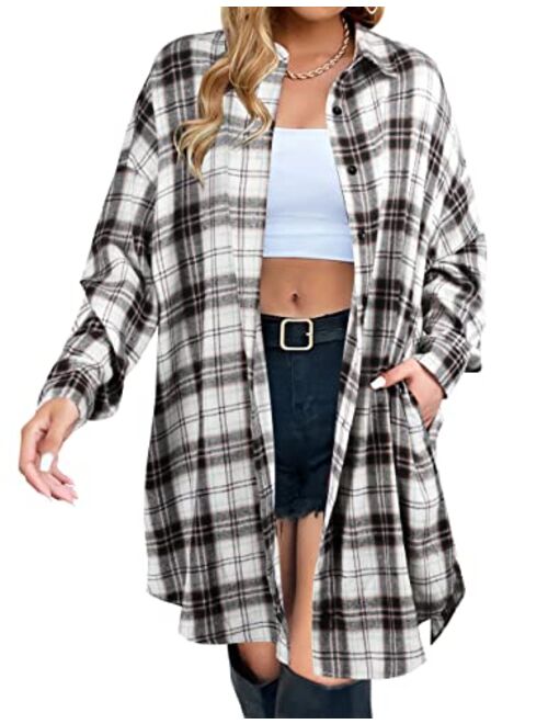 Blooming Jelly Women's Button Down Flannel Shirts Plaid Shacket Long Sleeve Collared Long Jacket Coats