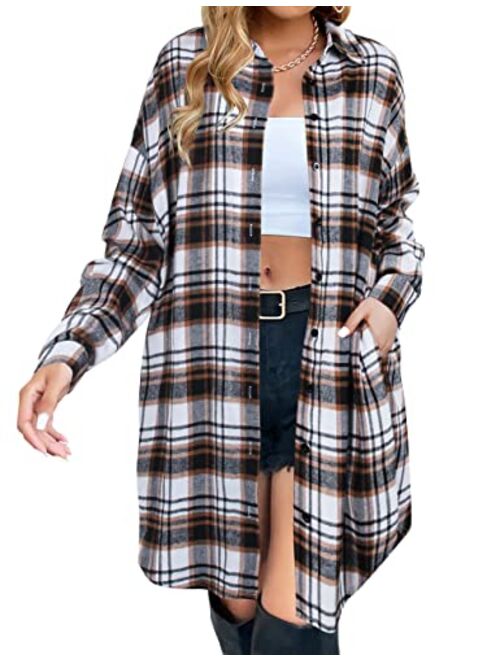 Blooming Jelly Women's Button Down Flannel Shirts Plaid Shacket Long Sleeve Collared Long Jacket Coats